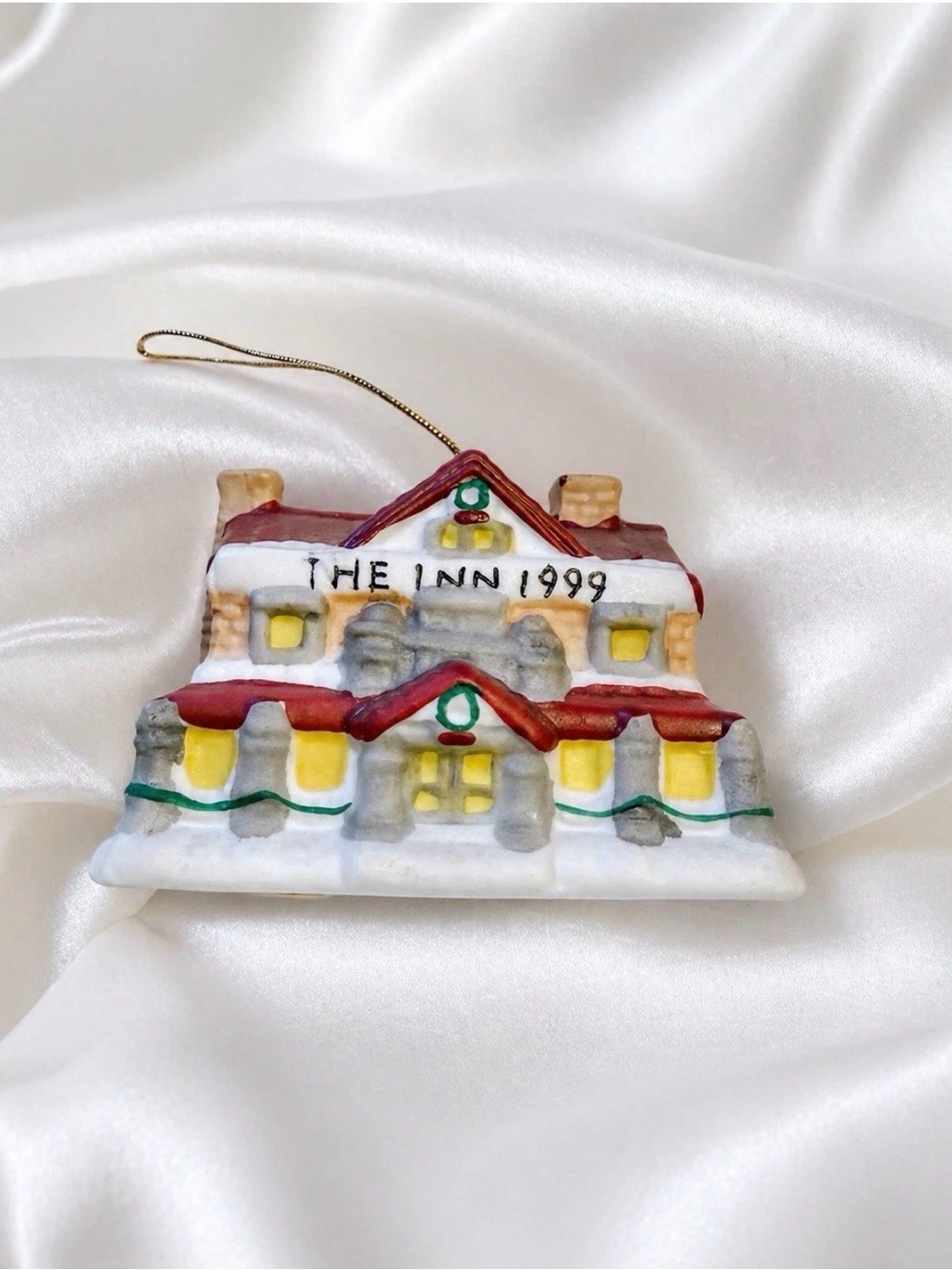VTG Badcock Collectible Christmas Village Inn Bell Ornament NWOT Hand Painted
